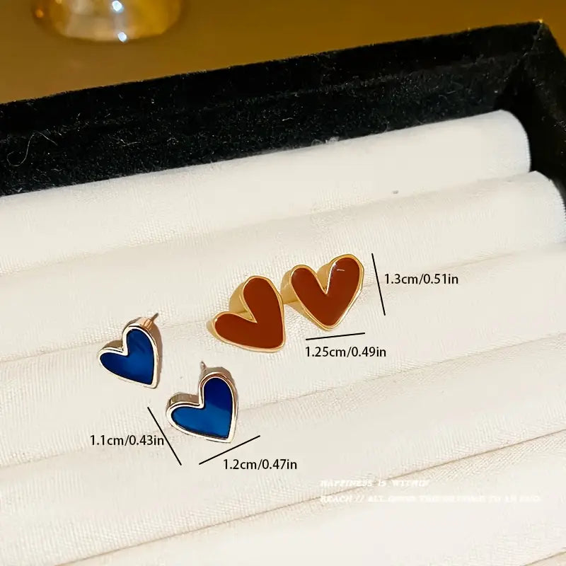 4pcs Cute Heart Stud Earrings for Women, Red & Blue Alloy Love Heart Earrings