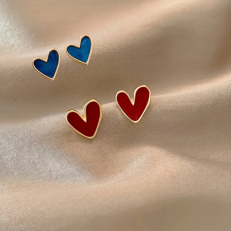 4pcs Cute Heart Stud Earrings for Women, Red & Blue Alloy Love Heart Earrings